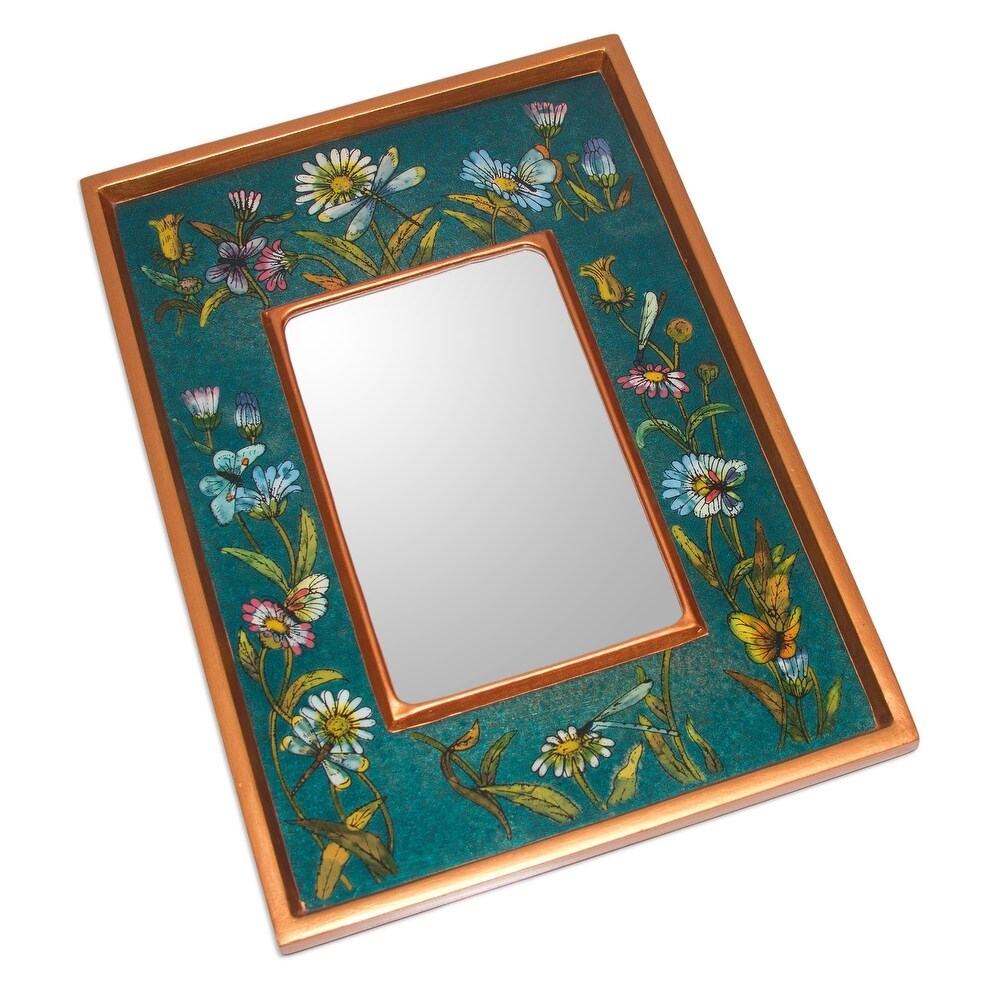 Handmade Reverse Painted Glass 'Turquoise Fields' Mirror (Peru)