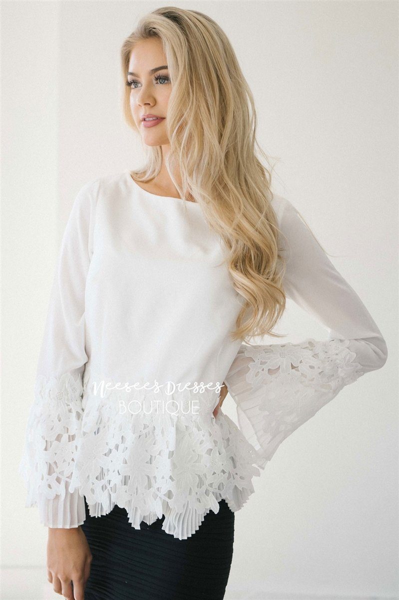 Stunning Lace & Pleats Bell Sleeve Blouse