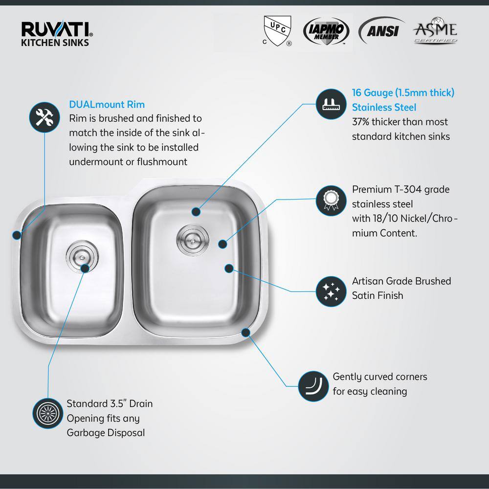 Ruvati 32 in. 4060 Undermount 16-Gauge Stainless Steel Double Bowl Kitchen Sink RVM4315