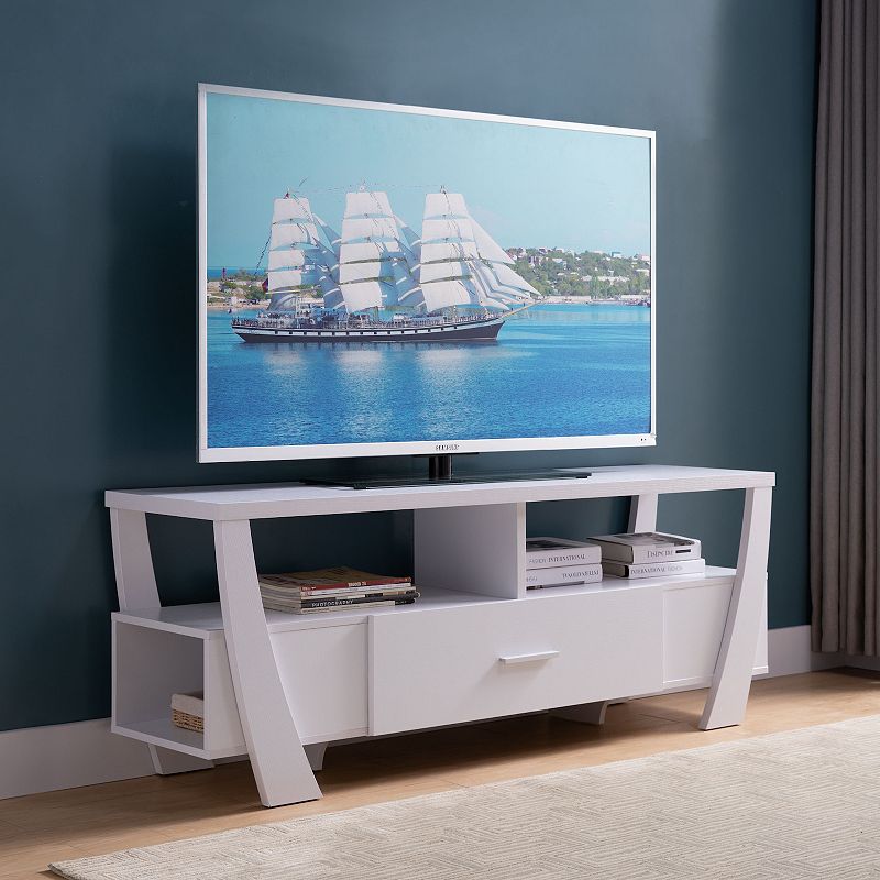 FC Design White TV Stand with 2 Shelves and Drawer