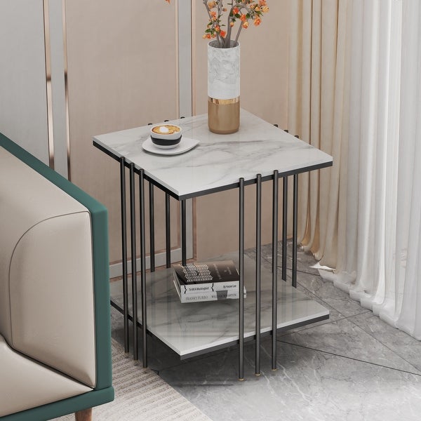 17.5-inch Square Sintered Stone Marble Side Table， Modern End Table