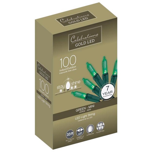 Celebrations Gold Led Mini Green 100 Ct String Christmas Lights 33 Ft