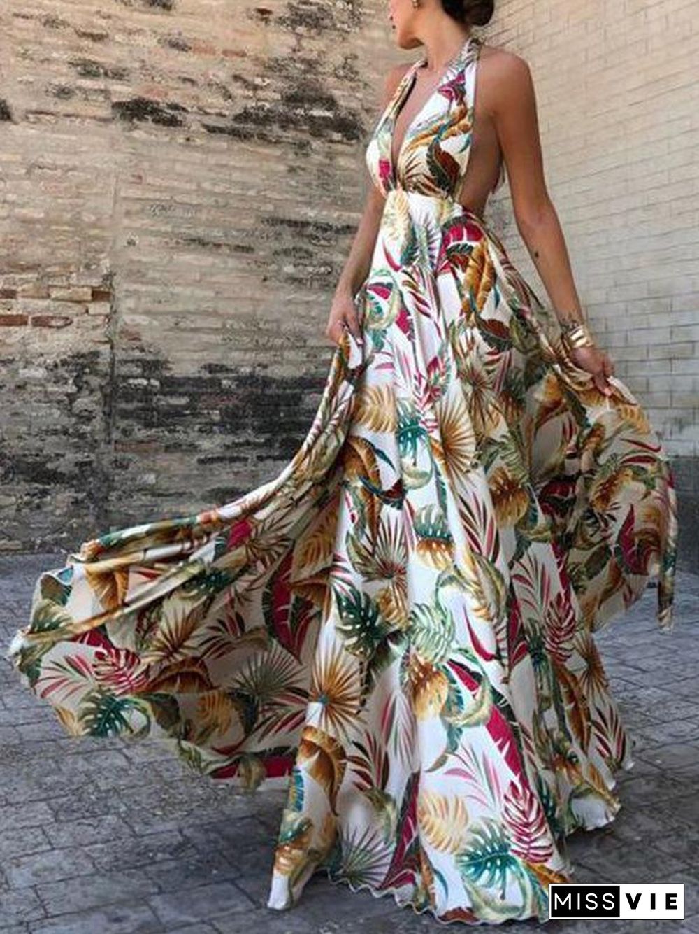 Plant Printed Backless Sexy Dress