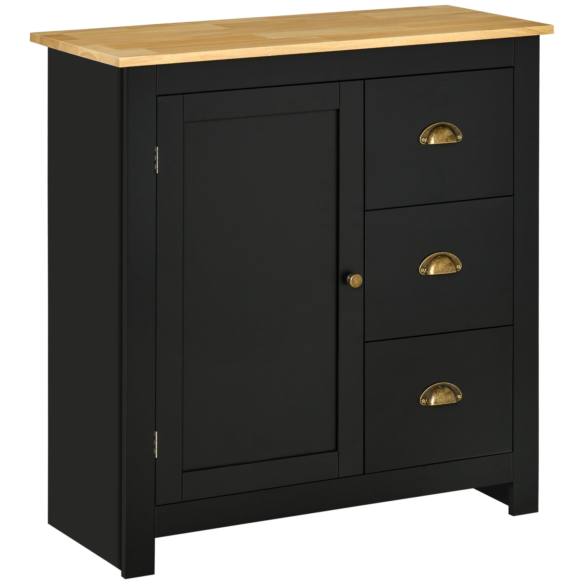 HOMCOM Modern Floor Cabinet， Storage Sideboard， Kitchen Buffet Table with Rubberwood Top， 3 Drawers and Cabinet with Adjustable Shelf， Black