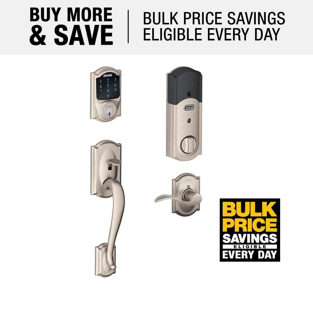 Schlage Camelot Satin Nickel Connect Z-Wave Plus Smart Wifi Deadbolt Door Lock and Accent Handle Handleset with Camelot Trim BE469ZPVCAM619FE285GCAM619ACCCAM