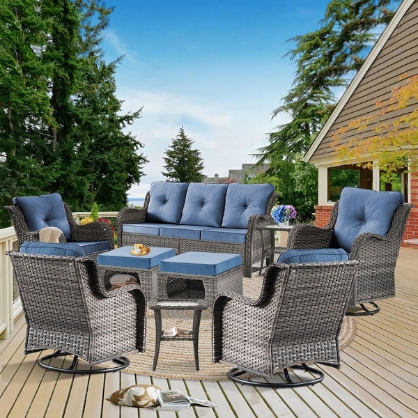 Rattan Wicker Patio Furniture Conversation Seating with 360° High Back Swivel Chairs+Storage Ottomans，Bule Cushions Included🎁