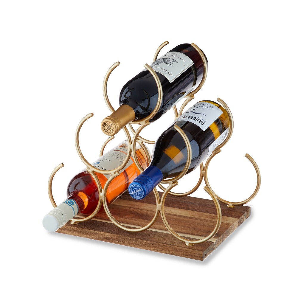 Twine Pyramid 6 Bottle Wood Wine Rack  Holds 6 Standard Wine Bottles  Wood Base  Gold