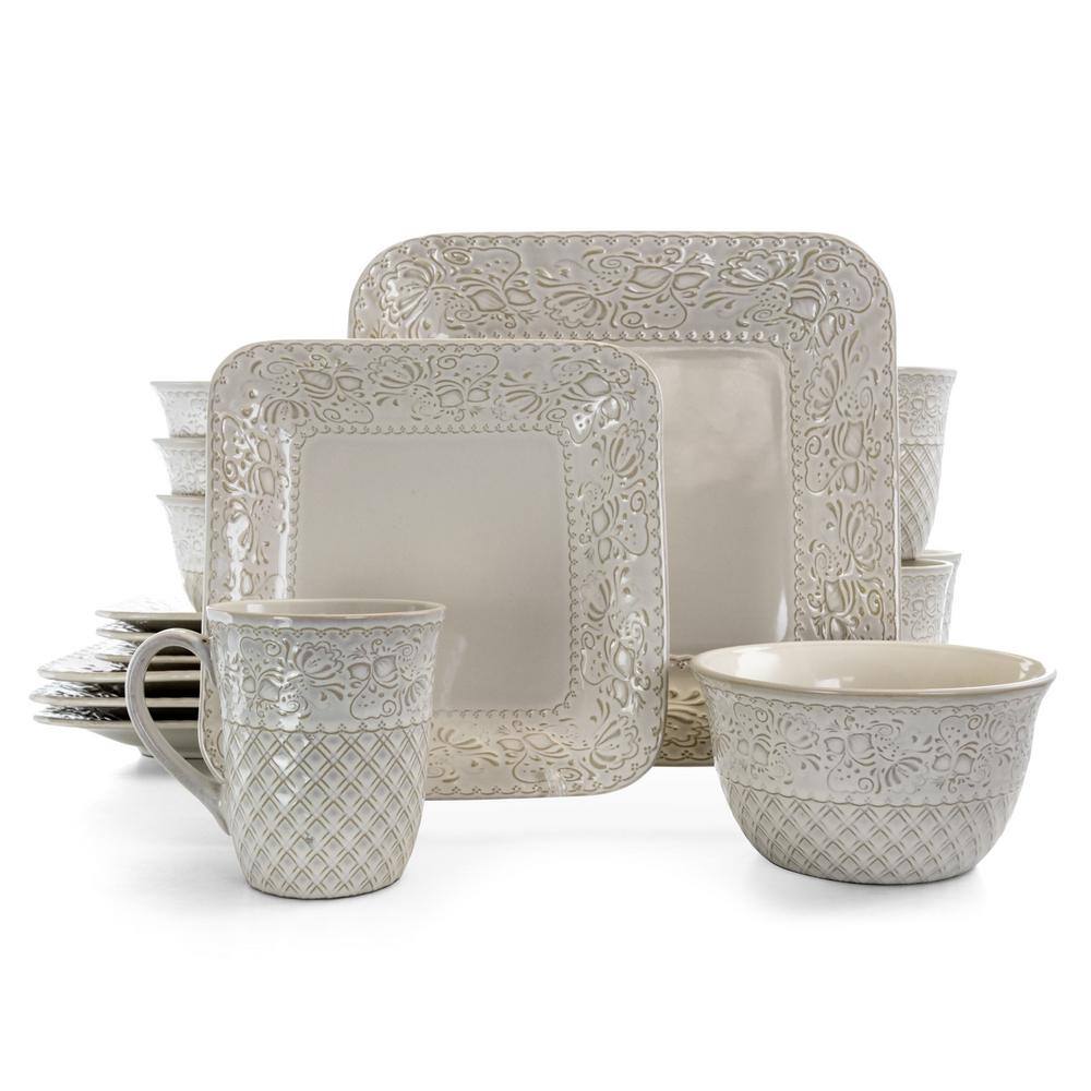 Elama Ivory Lotus 16-Piece Traditional White Stoneware Dinnerware Set (Service for 4) 985112445M