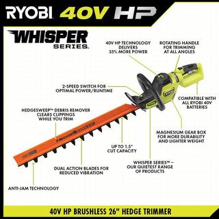 RYOBI 40V HP Brushless Whisper Series 26 in. Cordless Battery Hedge Trimmer (Tool Only) RY40606BTL