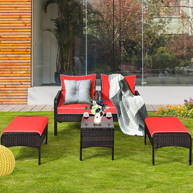 Costway 5 Pcs Patio Rattan Furniture Set Sofa Ottoman Table W cushion Garden Red