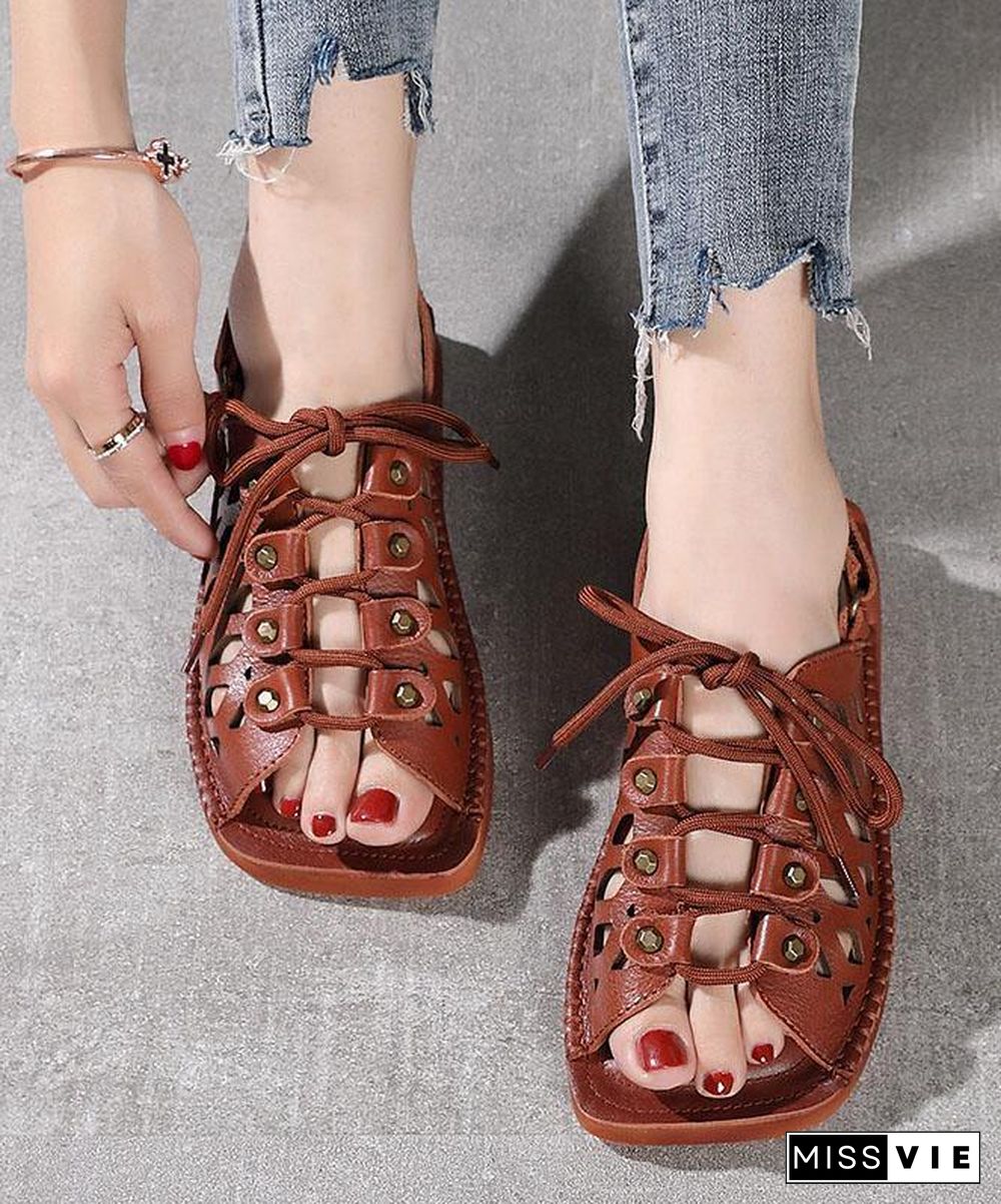 Chocolate Lace Up Flat Sandals Cowhide Leather