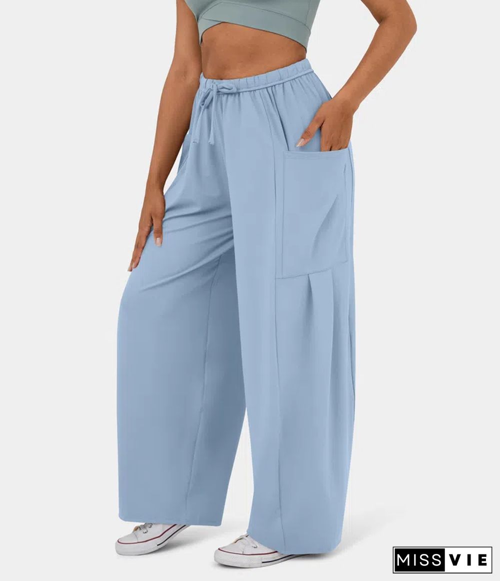 Mid Rise Elastic Waistband Drawstring Side Pocket Palazzo Flowy Wide Leg Casual Pants