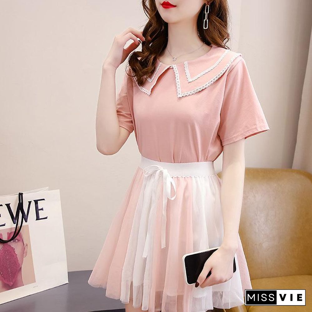 Sweet Lapel Tee+Mesh Skirt P15793