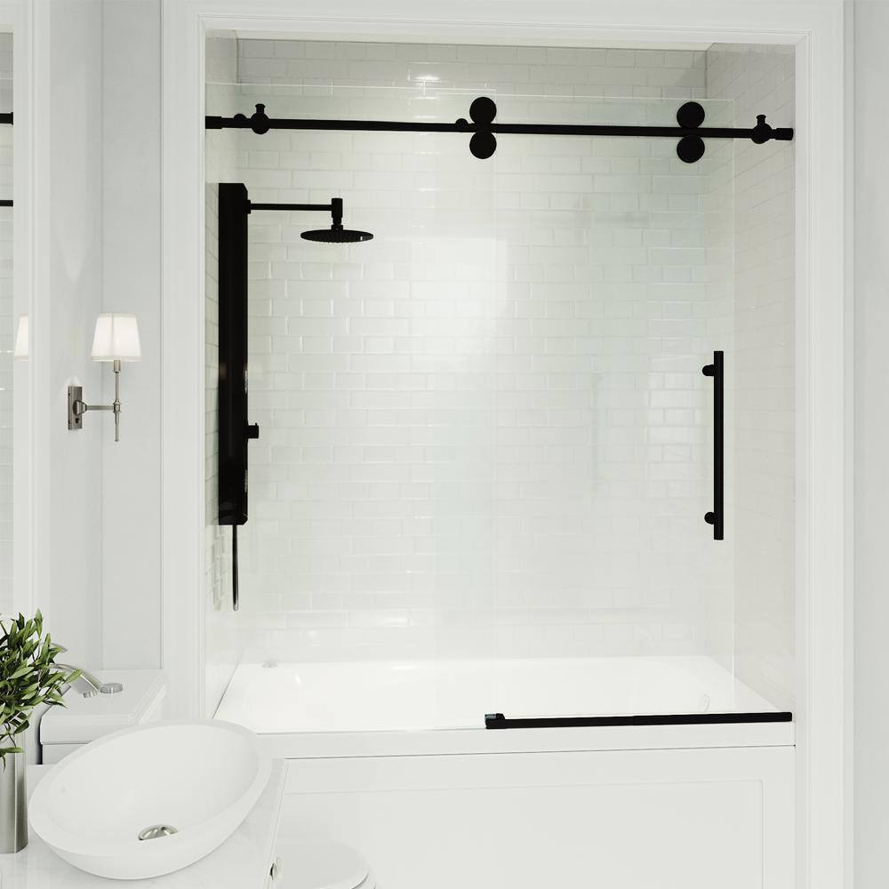 VIGO Elan 56 to 60 in. W x 66 in. H Sliding Frameless Tub Door in Matte Black with 38 in. (10mm) Clear Glass VG6041MBCL6066