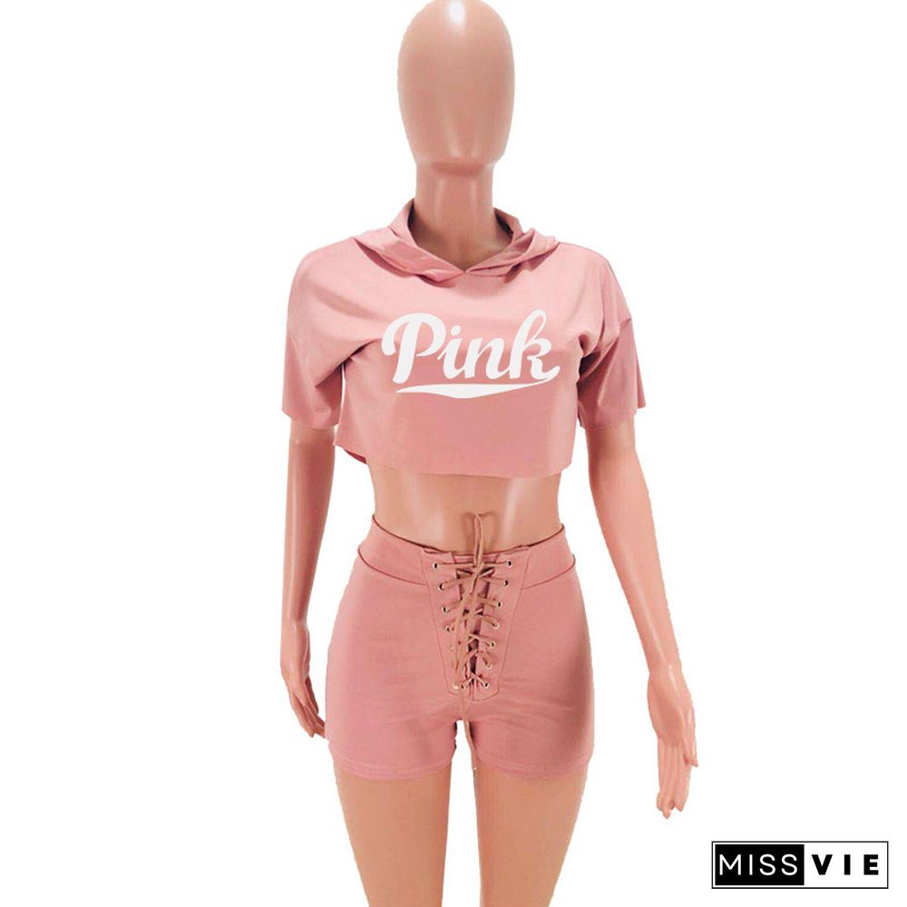 Letter Short Sleeve Hooded Crop Top Bandage Shorts Set