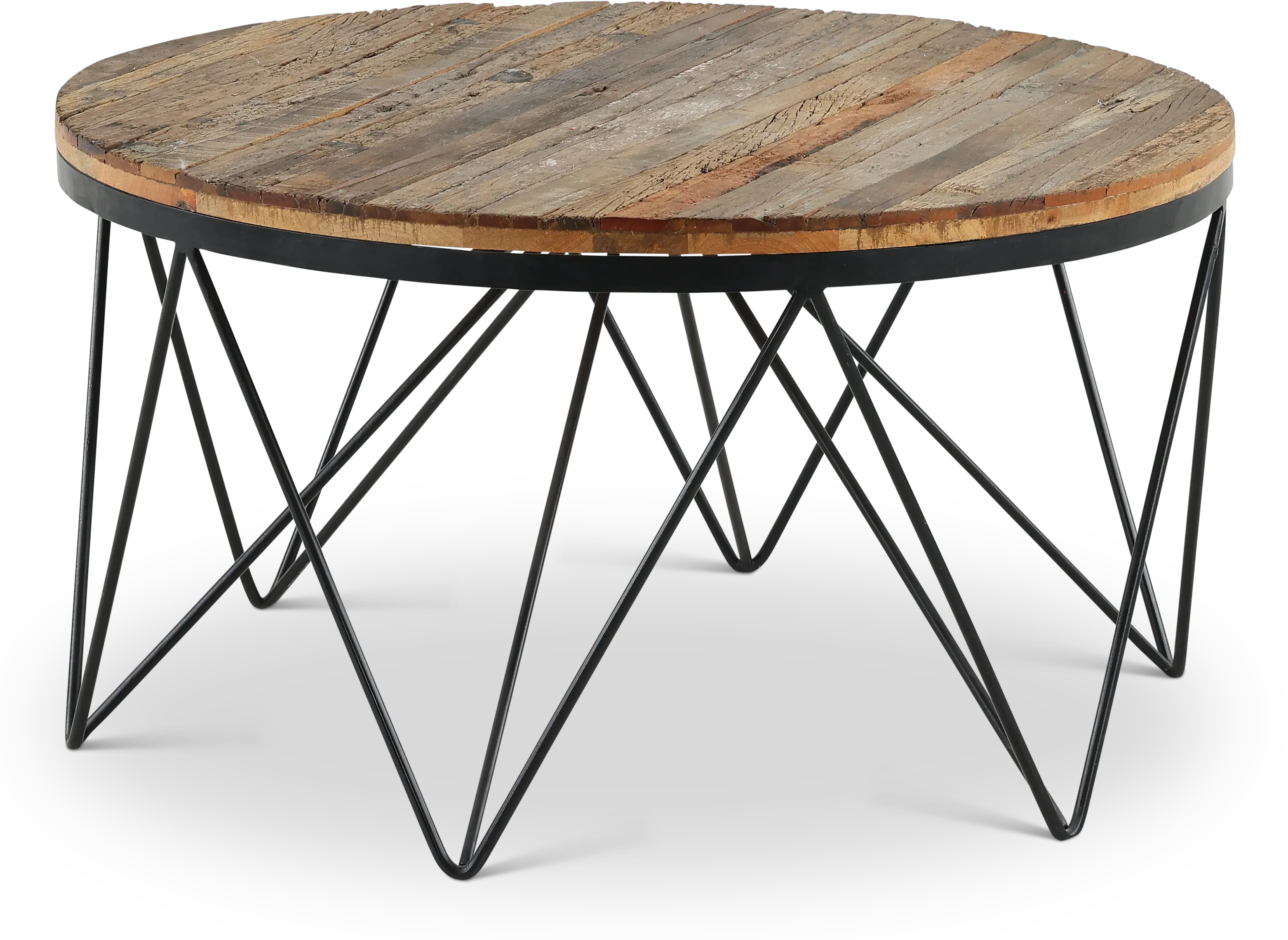 Aubrey Reclaimed Wood Round Coffee Table with Hairpin Metal Legs