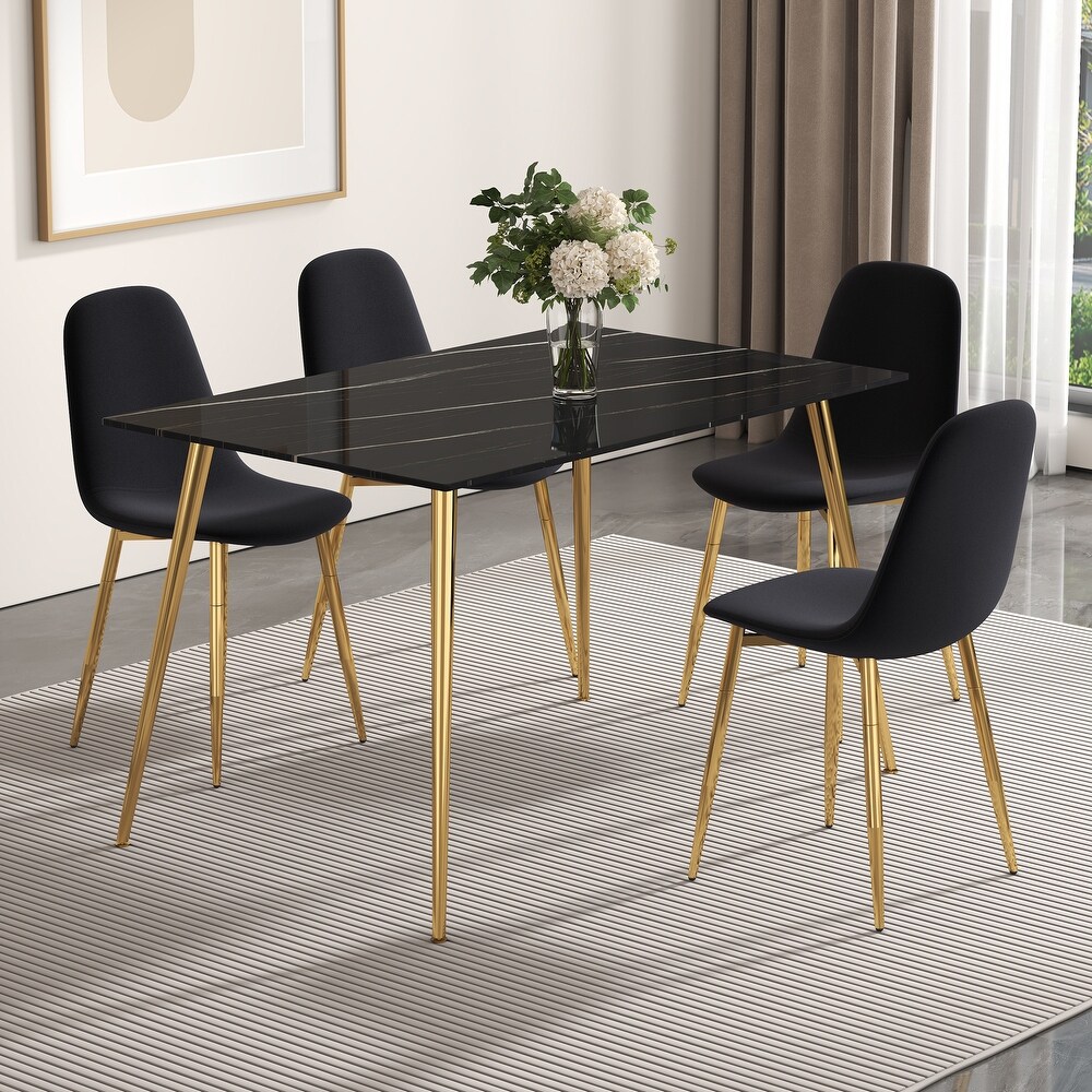 Modern rectangular black imitation marble dining table  0.3 inches thick  metal legs for kitchen  dining room