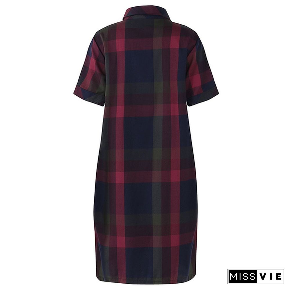 Women Vintage Loose Lapel Short Sleeve Check Plaid Loose Tunic Midi Dress Plus Holiday