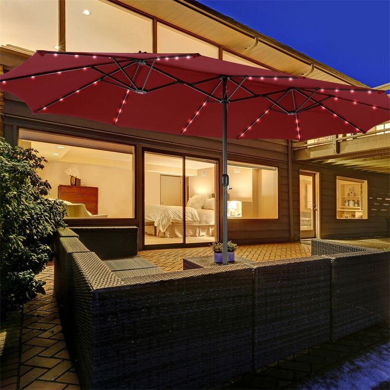 15 FT Large Outdoor Patio Table Umbrella with 48 Solar LED Lights & Crank, Double-Sided Metal Deck Pool Umbrella