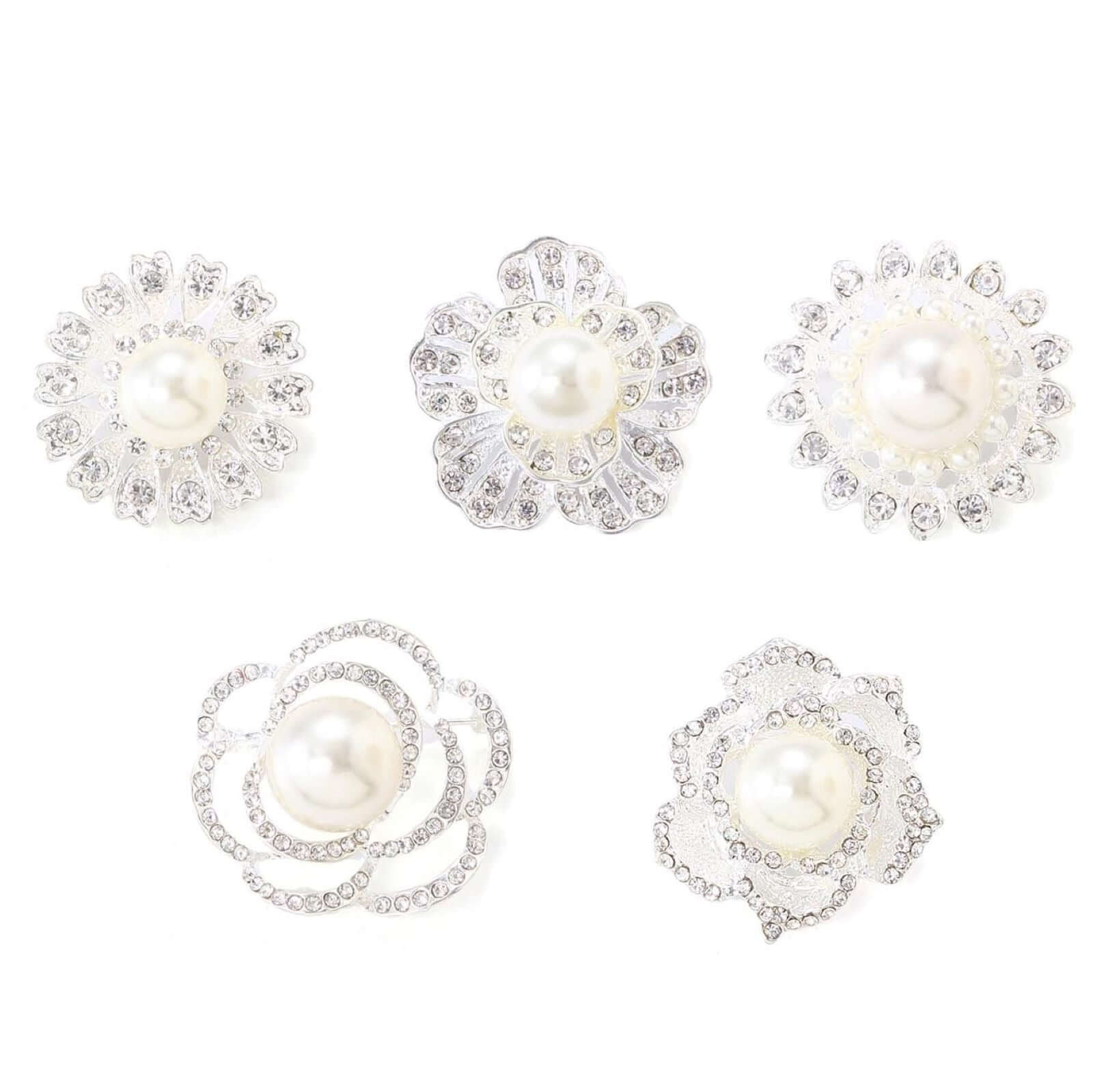 5 Pack Assorted Silver Plated Rhinestone Brooches with Pearl Center Floral Sash Pin Brooch Bouquet Decor