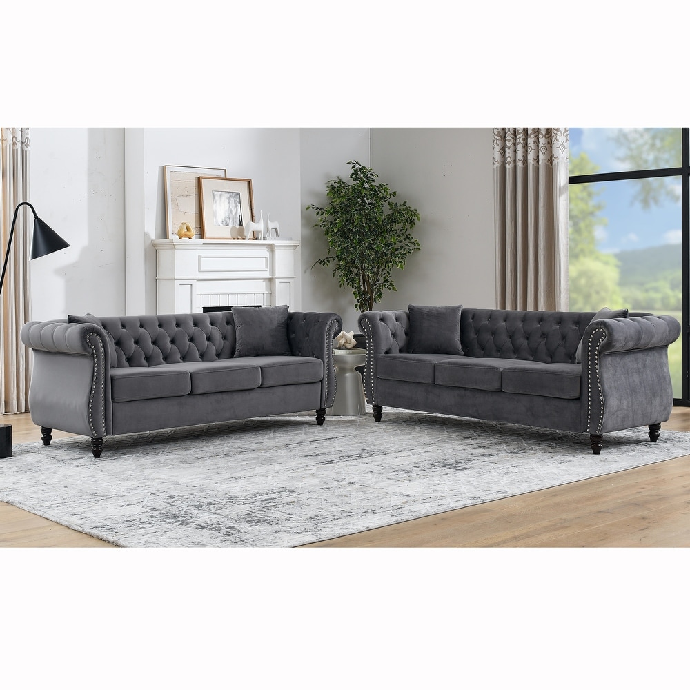 Grey Velvet Chesterfield Sofa Set with Nailhead Trim and Tufted Low Back  Includes Pillows  3 Seater Sofa * 2