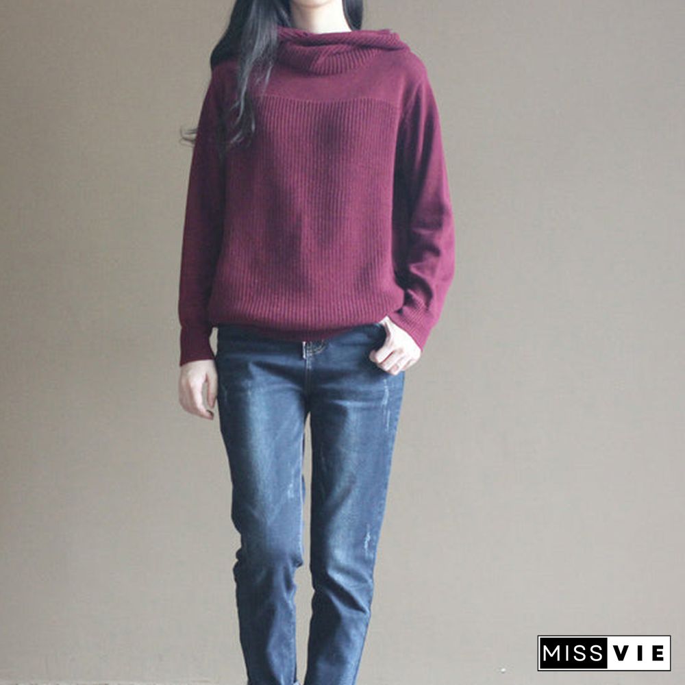 boutique burgundy winter sweater Loose fitting knitted tops Elegant thick blouse long sleeve