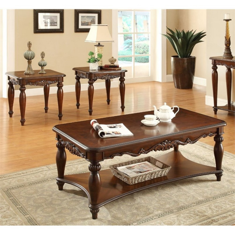 Furniture of America Garner Traditional Wood 3 Piece Coffee Table Set in Cherry   Traditional   Coffee Table Sets   by Homesquare  Houzz