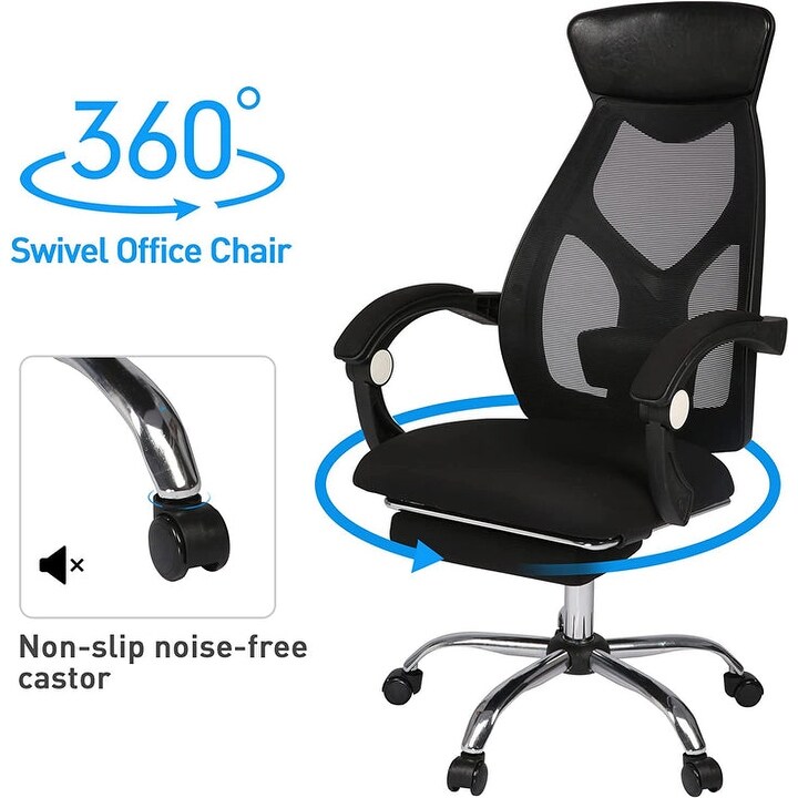 Ergonomic Office Desk Chair Mesh High Back Leather Headrest Adjustable Lumbar Support Recliner  Black   26\