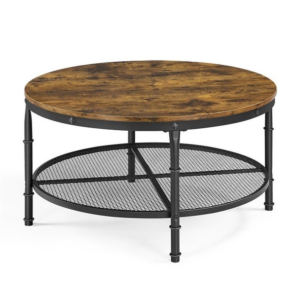 Round Metal Coffee Table with Storage Shelf， Rustic Brown