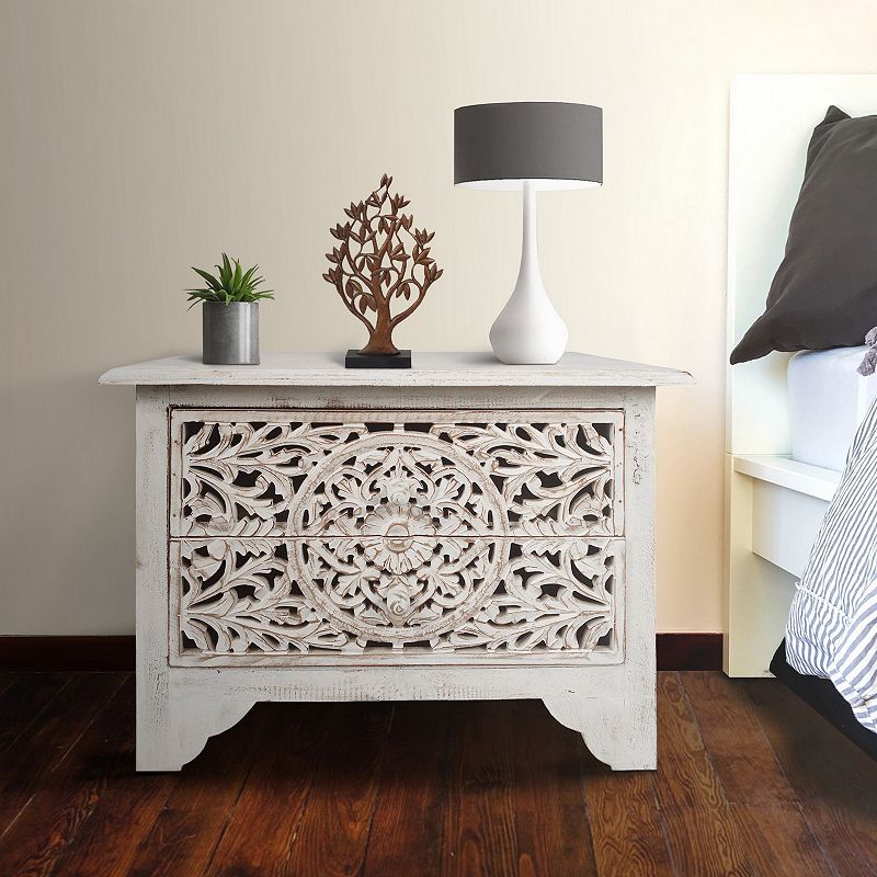 Olta 24 Inch Handcrafted Mango Wood Nightstand Side Table， 2 Drawers， Floral Carved Cut Out Design， Antique White