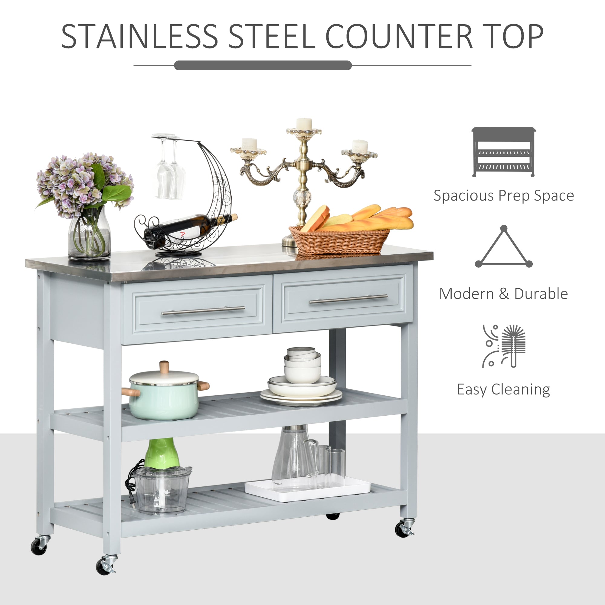 HOMCOM Rolling Kitchen Island Cart with Drawers， Shelves， and Stainless Steel Top - Grey