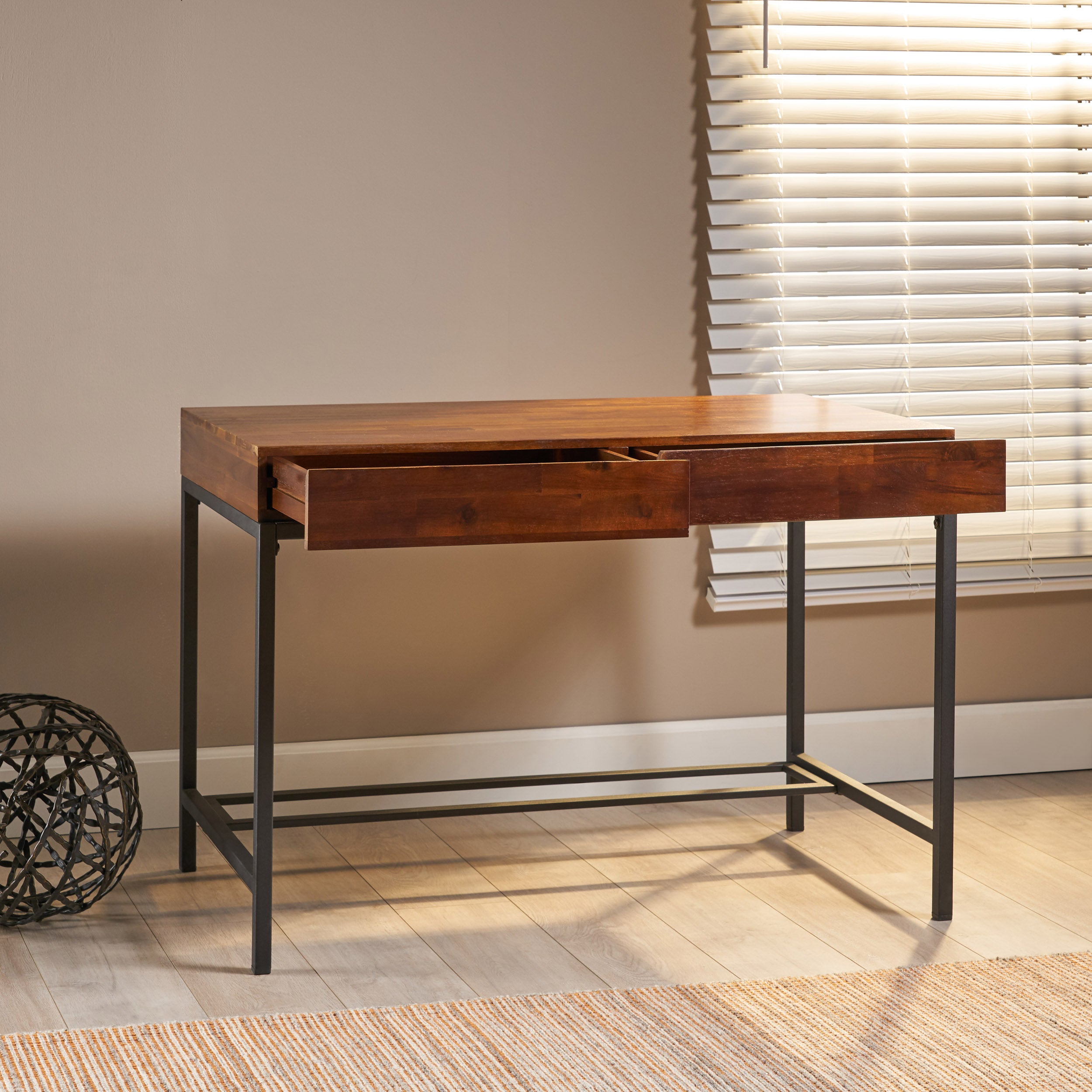 Elrod Industrial Dark Oak Acacia Wood Storage Desk with Rustic Metal Iron Accent