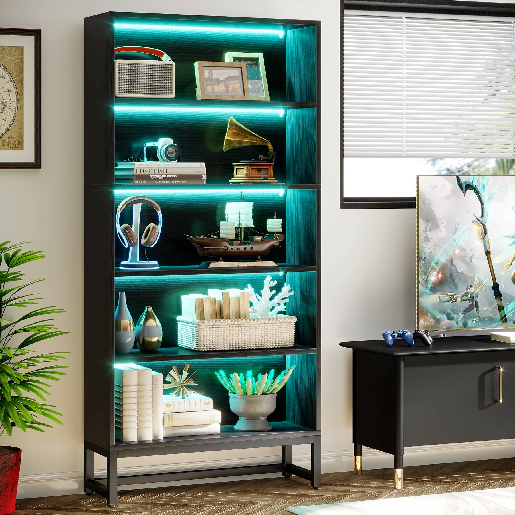 70.8 Bookcase, Large Bookshelf Organizer with 5-Tier Storage Shelves