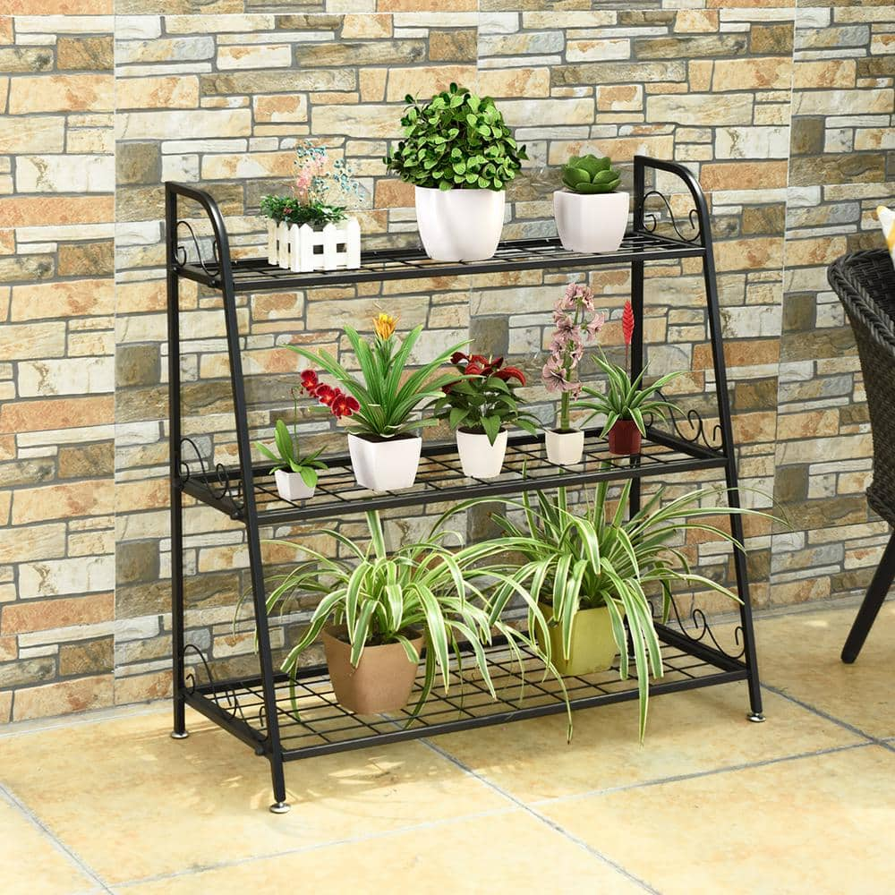 Costway 13 in. Tall Indoor/Outdoor Steel Corner Black Metal Plant Stand (3-Tiered) GT3526