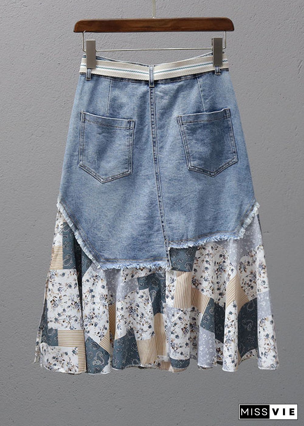 Fashion Denim Blue Print Patchwork High Waist Maxi Skirt Summer