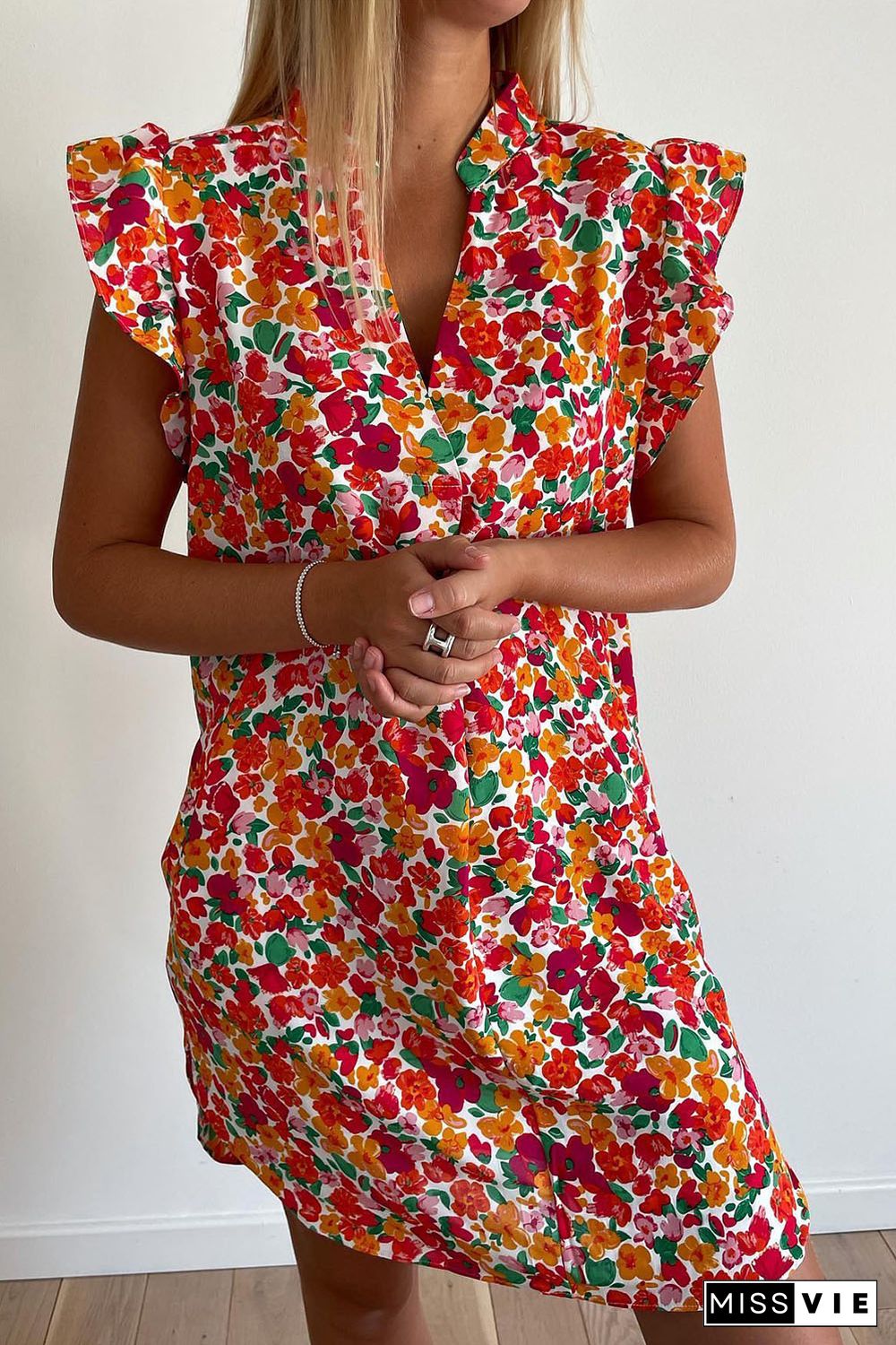 Red Ruffle Sleeve V-Neck Floral Dress