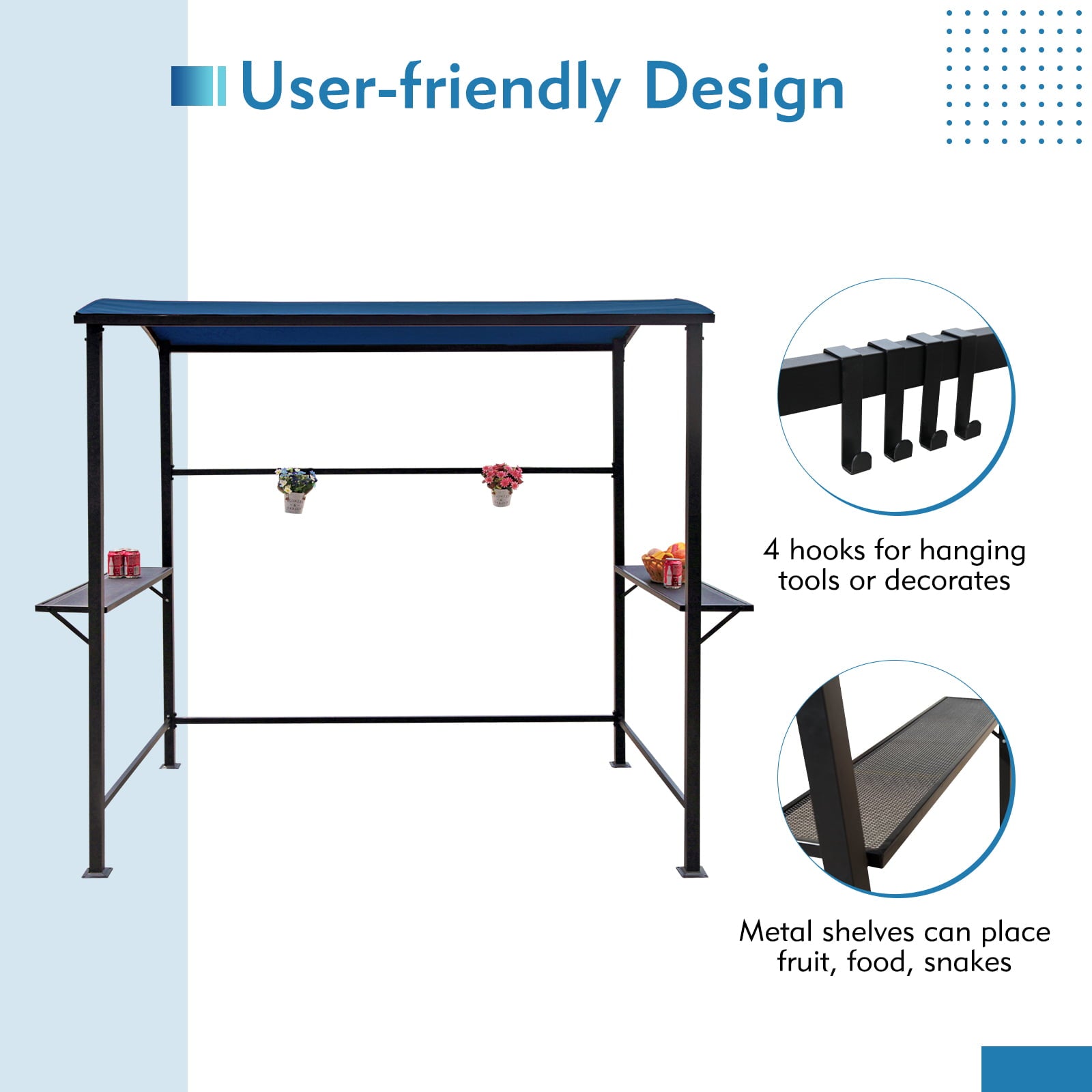 COBANA Grill Gazebo 8’by 4.6’ Outdoor Patio BBQ Canopy with Single-Tier Soft Top and Metal Shelves, Blue