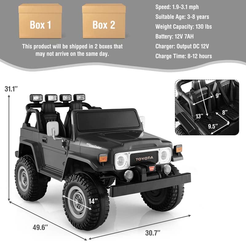 Licensed Toyota FJ40 2-Seater Kids Ride On Truck 12V Battery Powered Electric Riding Toy Car with Laser Lights