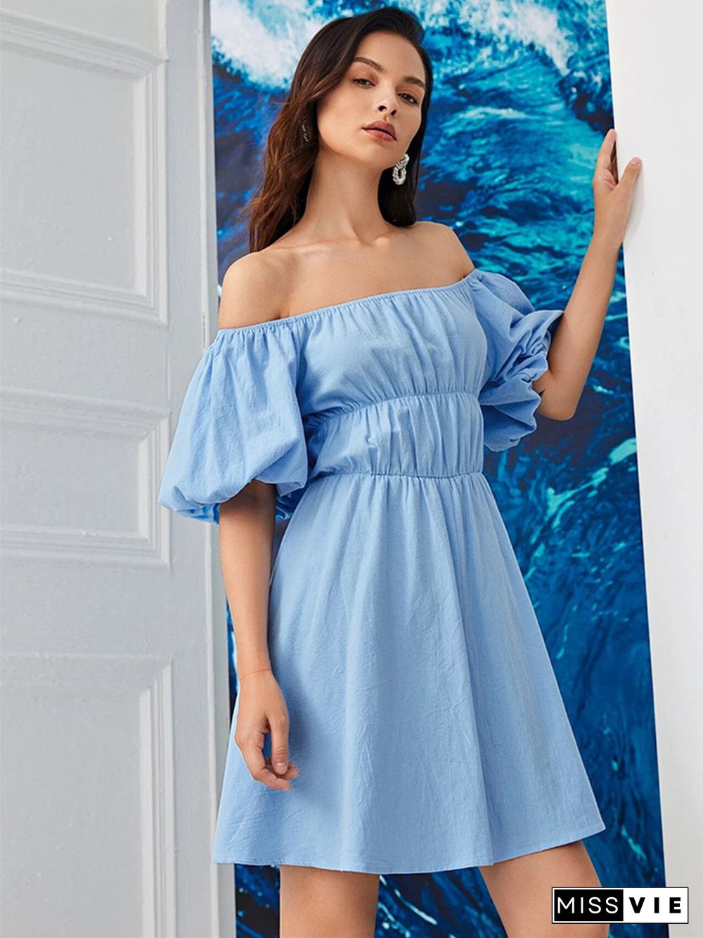 Sky Blue Dress Casual One Line Collar Dress Ins Style