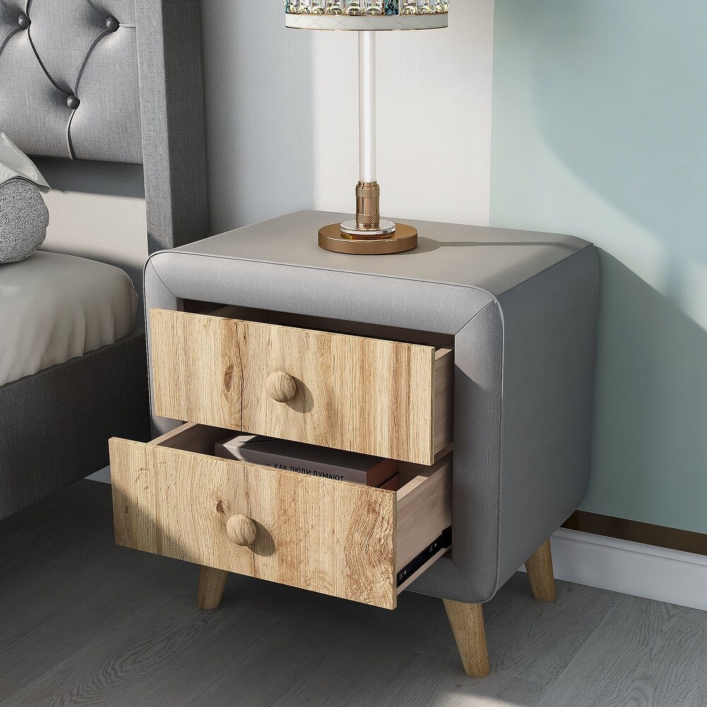 Upholstered Wooden Nightstand with 2 Drawers Fully Assembled Except Legs and Handles Bedside Table