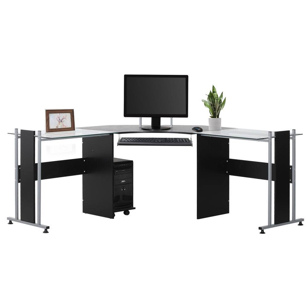 HOMCOM 68.9 in. Black Wooden L-Shaped Computer Desk with Slide-Out Keyword Tray 920-059