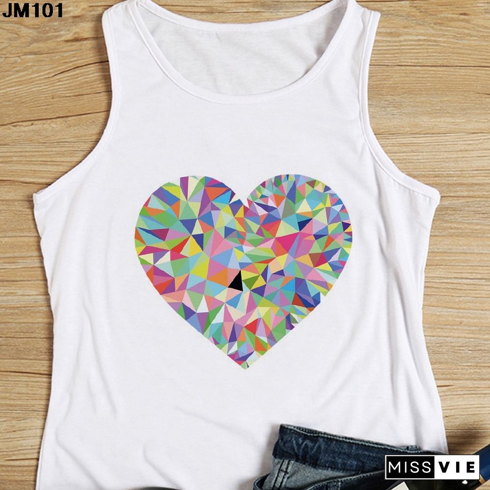 Heart Flower Printed Ladies Camisole Harajuku Casual White Vest Summer Womens Love Graphic Tank Tops Fashion Sleeveless T Shirt