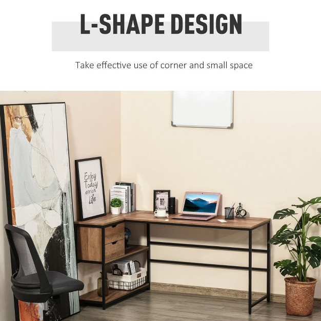 Homcom L shaped Home Office Writing Desk With Storage Shelf Drawer Industrial Corner Pc Study Table Computer Workstation Brown