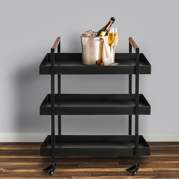 3 Tier Bar Cart with Tray Shelves， Metal Frame， and Raised Edges， Black