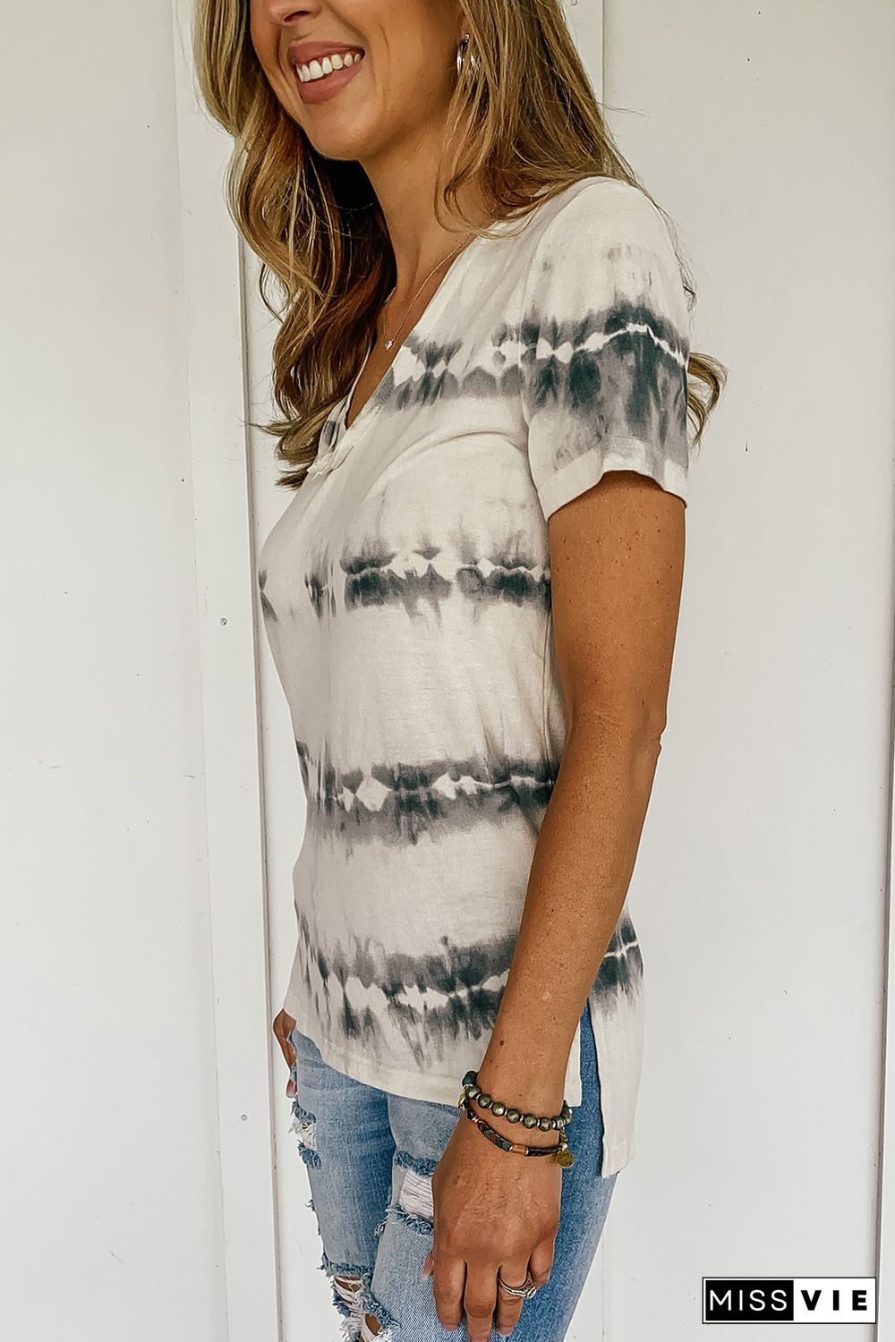 Grey V Neck Tie-dye Tee