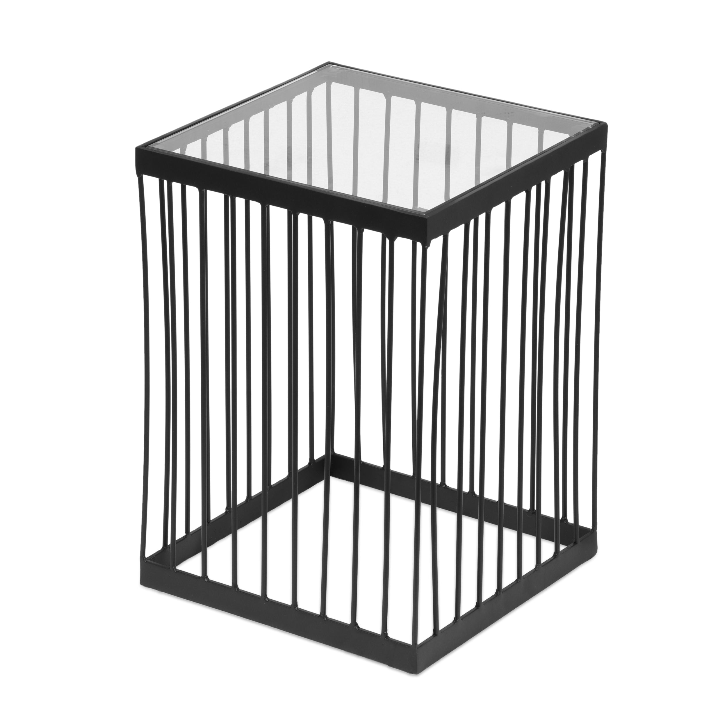 Plevna Contemporary Handcrafted Cage Side Table with Glass Top, Black and Clear