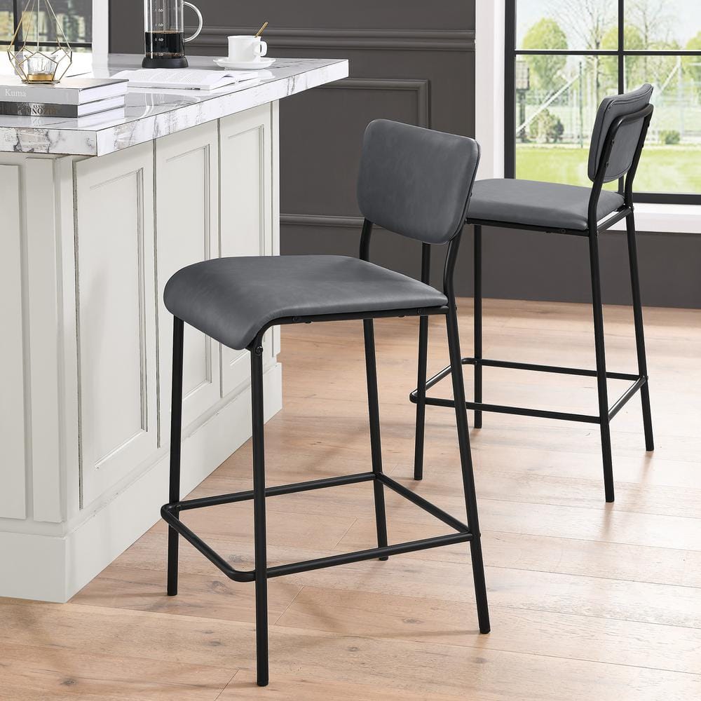 34.5 in. Gray Low Back Metal Bar Stools, Dining Chair Counter Stools with Footrest and Faux Leather Seat (Set of 2) HY02012Y