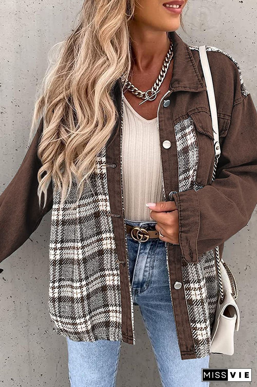 Plaid Splicing Open Button Denim Jacket