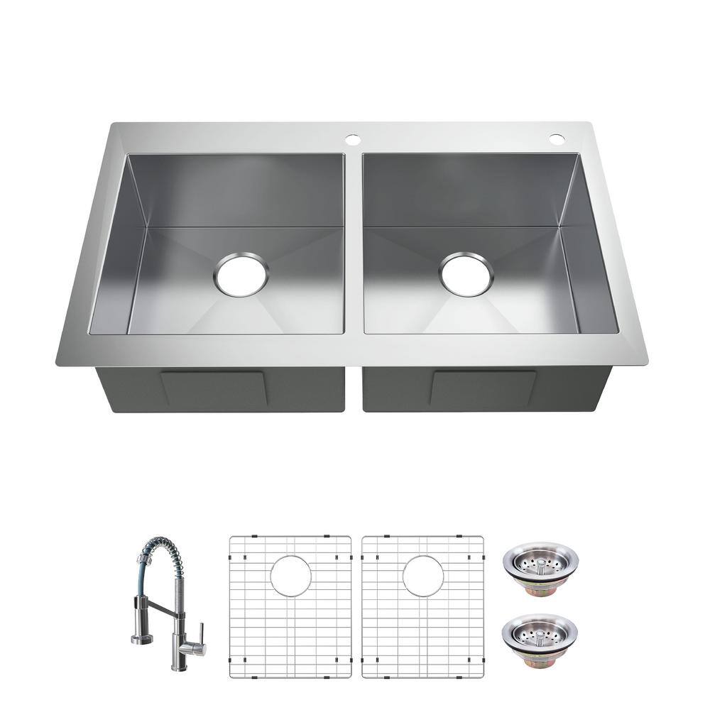 Glacier Bay Professional All in One 36 in. Double Bowl Drop-In Workstation Stainless Steel Kitchen Sink with Spring Neck Faucet FSDZ3622A0SA1