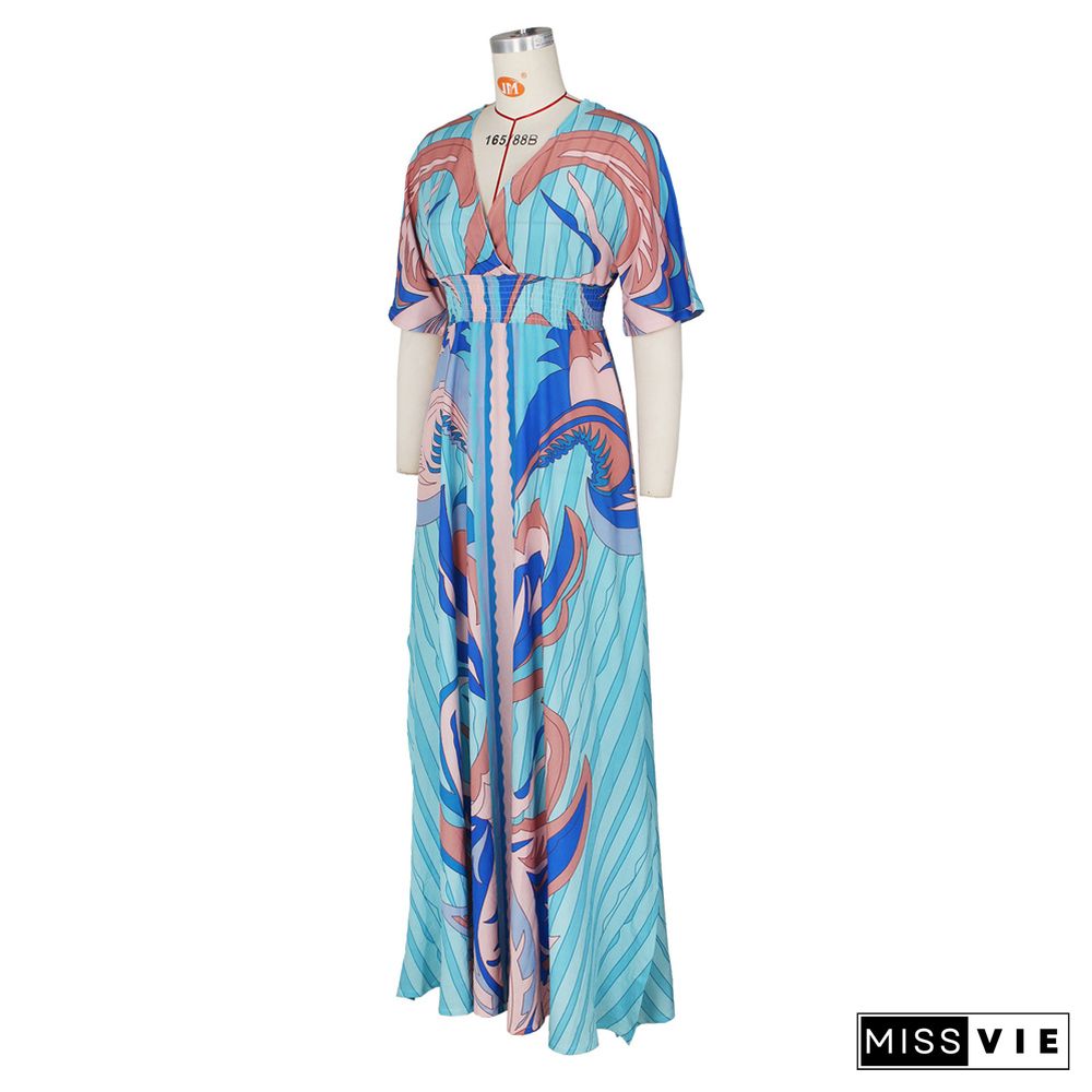 V Neck Print Holiday A-line Short Sleeve Maxi Dresses